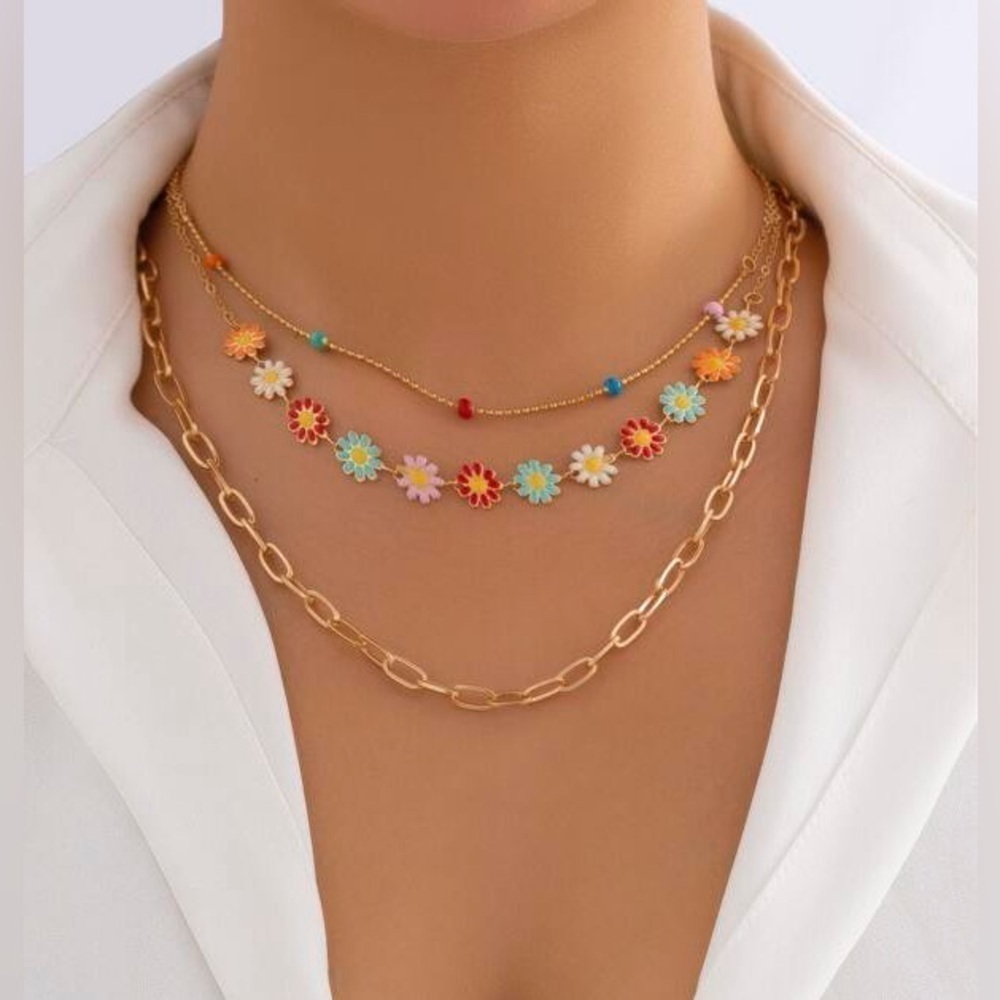 3 Piece Layered Flower Gold Tone Chain Fashion Necklaces NK01